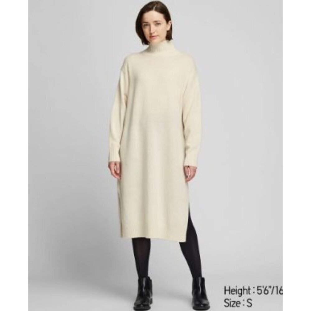 NWT Uniqlo Wool Blend Sweater Dress XL Cream Mock Neck Minimalist Neutral Cozy